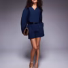 ASOS DESIGN tailored cropped textured blazer and shorts with belt co-ord in navy