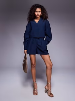 ASOS DESIGN tailored cropped textured blazer and shorts with belt co-ord in navy