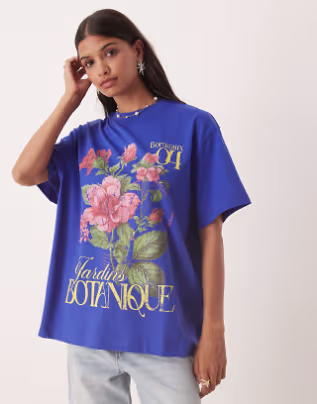 ASOS DESIGN oversized t-shirt with floral botanical graphic in blue