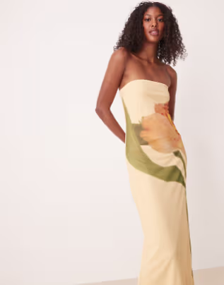 ASOS DESIGN mesh floral placement printed bandeau maxi dress in buttermilk
