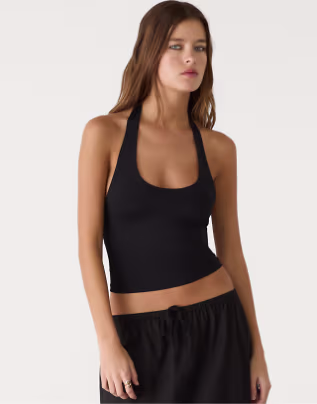 Stradivarius racer neck top in black