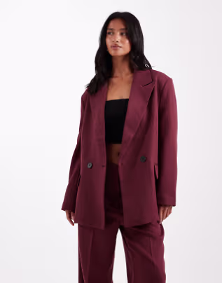 Vero Moda Petite tailored herringbone blazer and wide leg trouser set in burgundy