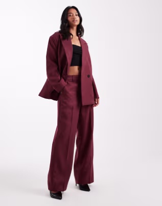 Vero Moda Petite tailored herringbone blazer and wide leg trouser set in burgundy
