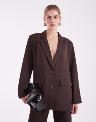 Pieces oversized tailored blaxer and trouser suit co-ord in chocolate brown