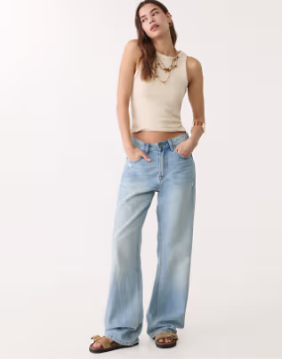 Stradivarius Petite d92 straight wide-leg jeans in light blue