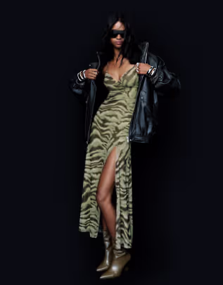 Bershka Strappy animal print midi dress in green