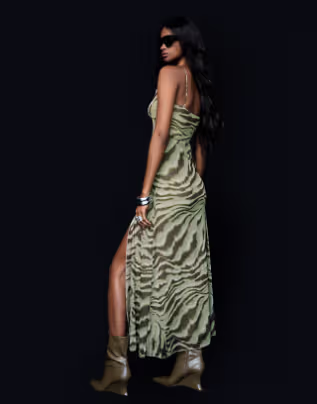 Bershka Strappy animal print midi dress in green
