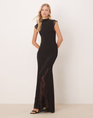 ASOS DESIGN high neck cap sleeve maxi dress with lace insert detailing in black